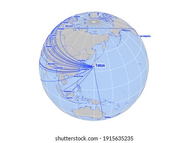 Globe centered to Tokyo, Japan. Vector map showing Tokyo, Japan's position on the world map, and its connections with other major cities. Suitable for digital editing and printing.