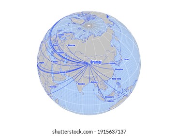 Globe centered to Urumqi, China. Vector map showing Urumqi, China's position on the world map, and its connections with other major cities. Suitable for digital editing and printing.