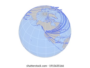 Globe centered to . Vector map showing 's position on the world map, and its connections with other major cities. Suitable for digital editing and printing.