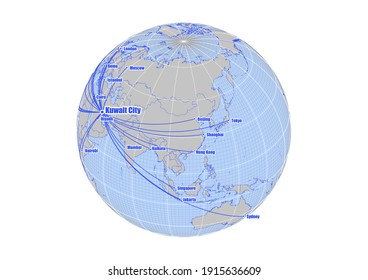 Globe centered to Xi'an, China. Vector map showing Xi'an, China's position on the world map, and its connections with other major cities. Suitable for digital editing and printing.