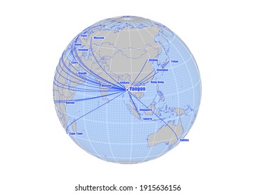 Globe centered to Yangon, Myanmar. Vector map showing Yangon, Myanmar's position on the world map, and its connections with other major cities. Suitable for digital editing and printing.