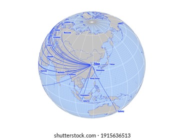 Globe centered to Zibo, China. Vector map showing Zibo, China's position on the world map, and its connections with other major cities. Suitable for digital editing and printing.