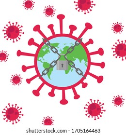 Globo encadenado y bloqueado por la metáfora del virus de la corona de la pandemia. Ilustración de concepto de vectores planos de negocio para la página de papel tapiz, banner, fondo, infografía, libro y aterrizaje web.