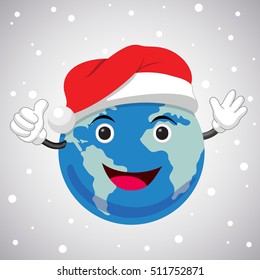 Globe character dressed in Santa hat. Christmas and New Year winter style. Funny cute illustration.