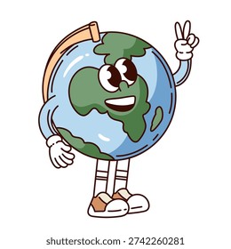 Globe character with smiling face, continent shapes, raised peace hand sign and simple stand detail. Globe in retro groovy cartoon outline style vector illustration.