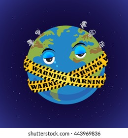 Globe character. Warning sign around the world. Save the Earth!