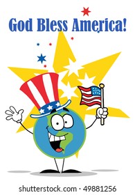 Globe Characters with American Patriotic Hat And Flag