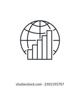 Globe and chart analysis. Vector linear icon isolated on white background.