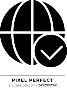 Globo con marca de verificación icono de glifo negro. Comunicación internacional segura. Señales de permisos mundiales. Símbolo de silueta en espacio blanco. Pictograma sólido. Ilustración aislada del vector