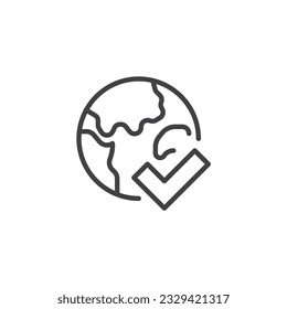 Globe and check mark line icon. linear style sign for mobile concept and web design. Global confirmation outline vector icon. Symbol, logo illustration. Vector graphics