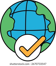 Un globo terráqueo con una marca de verificación. El globo está rodeado por un círculo. El globo es blanco y negro