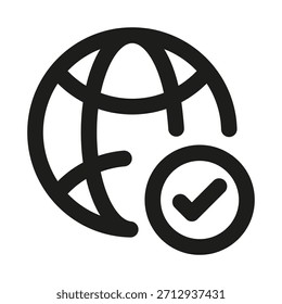 Globus mit Markierungssymbol. Modernes professionelles Vektor-Symbol für die Minimallinie für die globale Verifizierung und Genehmigung
