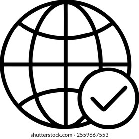 Globe and checkmark icons representing global compliance concept as A vector illustration of a globe with a checkmark overlay symbolizing adherence to global compliance standards in business. Isolated