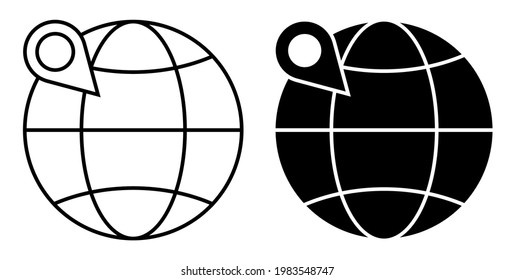 globe with checkpoint mark. Navigation on map using GPS system. Simple black and white vector