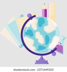 globe and chemical test tube. geography or chemistry subjects. test result document