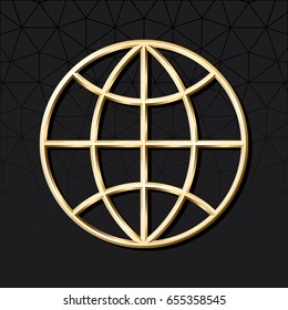 Globe with Chiseled Golden Circles of Latitude and Meridians Icon - Yellow Gold Elements on Black Background - Gradient Graphic Style