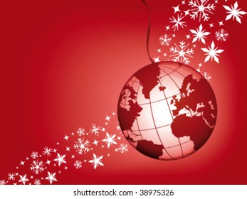Globe christmas ball on a red festive background. Vector illustration.