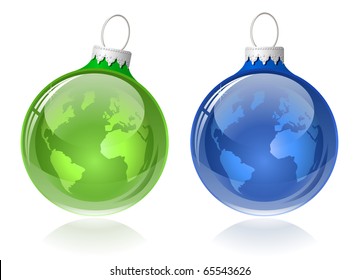 Globe christmas balls. Christmas baubles with World map.