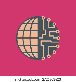 A globe with circuit board patterns on a pink background technology digital
