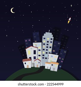 Globe with city in the dark of night. Rocket in the sky. Vector image.
