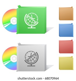 Globo e relógio. Caixa com disco compacto.