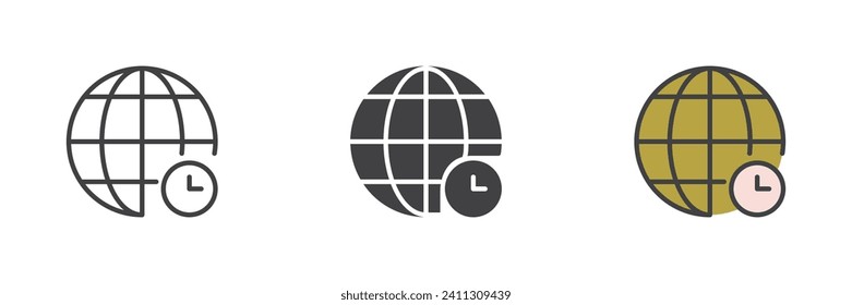 Globe and clock different style icon set. Line, glyph and filled outline colorful version, outline and filled vector sign. World time symbol, logo illustration. Vector graphics