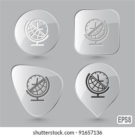 Globe and clock. Glass buttons. Vector illustration.