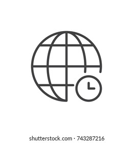 Globe and clock line icon, outline vector sign, linear style pictogram isolated on white. Universal time symbol, logo illustration. Editable stroke