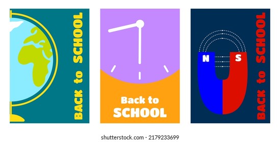 Globe, Clock, Magnet With Magnetic Fields. Back To School. Lessons Of Physics And Geography. Set Of Flat Backgrounds For Posters, Flyers, Covers