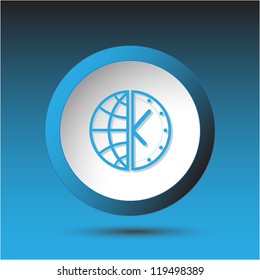 Globe and clock. Plastic button. Vector illustration.