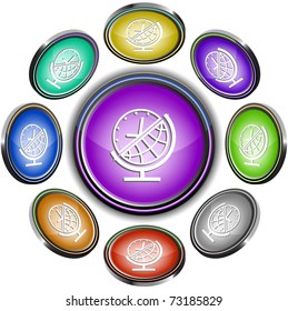 Globe and clock. Vector internet buttons. 8 different projections.