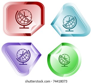 Globe and clock. Vector sticker.