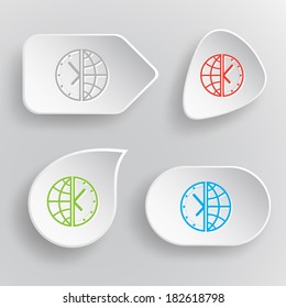 Globe and clock. White flat vector buttons on gray background.