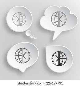 Globe and clock. White flat vector buttons on gray background.