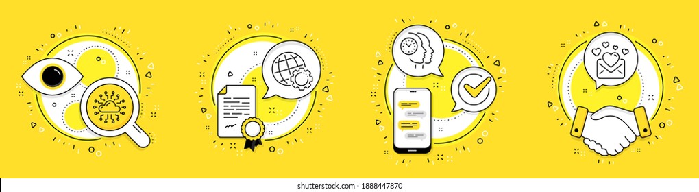Globe, Cloud network and Time management line icons set. Licence, cell phone and deal vector icons. Love mail sign. Internet settings, Online storage, Teamwork clock. Valentines letter. Vector