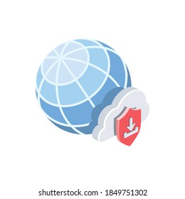 Globe cloud security shield download file. Vector 3d isometric, color web icons set, new flat style. Creative illustration, idea for infographics.