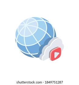 Globe cloud youtube. Vector 3d isometric, color web icons set, new flat style. Creative illustration, idea for infographics.