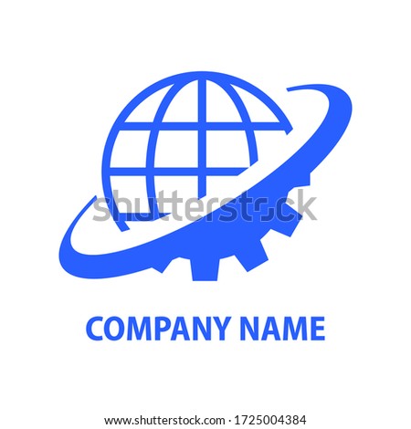 Globe, cogwheel and orbit logotype. Business company, industrial corporation logo design element. Worl mechanical assosiation symbol.