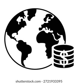 Globo com ícone de moeda representando finanças globais, comércio internacional e economia mundial. Símbolo de vetor plano mínimo isolado no plano de fundo transparente.