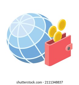 Globe coins purse. Vector 3d line isometric, color web icons, new flat style. Creative design idea for infographics.