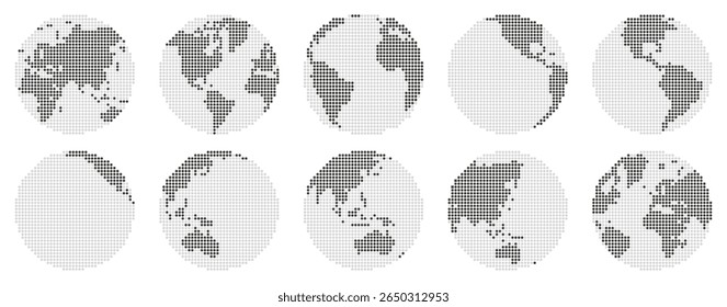 Globe collection in dotted pixel style. Circular world maps showing different global views for data, tech, or geography projects. Vector illustrations.