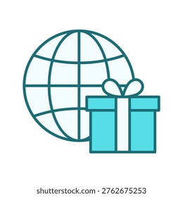 Globe combined with gift box symbol representing global delivery, celebration, and logistics services. Perfect for ecommerce, holiday promotions, and worldwide shipping themes.