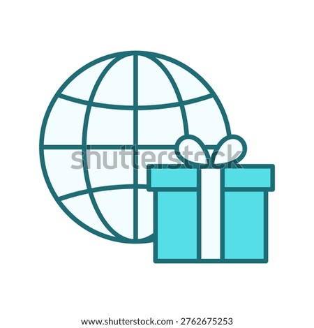 Globe combined with gift box symbol representing global delivery, celebration, and logistics services. Perfect for ecommerce, holiday promotions, and worldwide shipping themes.