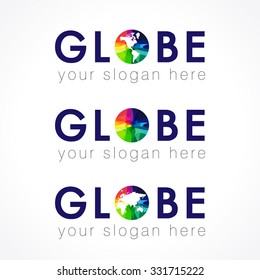 Globe company multi colored logo. Internet technologies, communications, connecting, global mission, geographic or environmental stained glass colors disk. Modern vector abstract lap, range template.