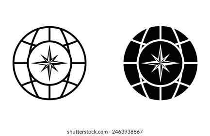 Globe with compass direction arrow, illustration of map and exploration icon vector