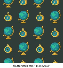 Globe and compass on black background. Colorful seamless patterns on the theme of education, school, autumn. Vector illustration in flat style.