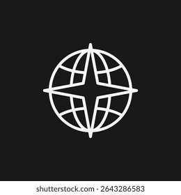 Globe with Compass Rose on Black Background, Representing Global Navigation or International Business, White Outline Icon
