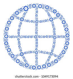 Globe composition of cogwheels. Vector cog wheel elements are composed into globe collage.