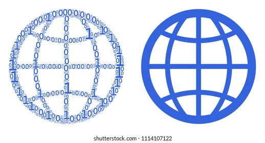 Globe composition icon of zero and null digits in various sizes. Vector digital symbols are arranged into globe composition design concept.
