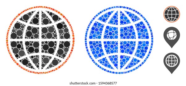Globe composition of small circles in various sizes and shades, based on globe icon. Vector small circles are united into blue mosaic. Dotted globe icon in usual and blue versions.